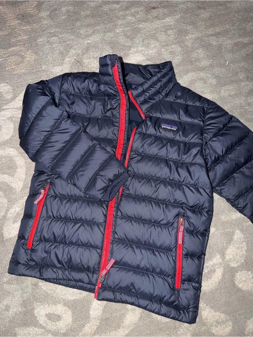 Kids Patagonia Navy Puffer Jacket with Red Trim